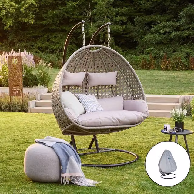 Silla colgante Home Deluxe TWIN de poliratán para 2 personas con cojines y funda de lluvia, color gris, An/P/Al: 120 x 120 x 195 cm
