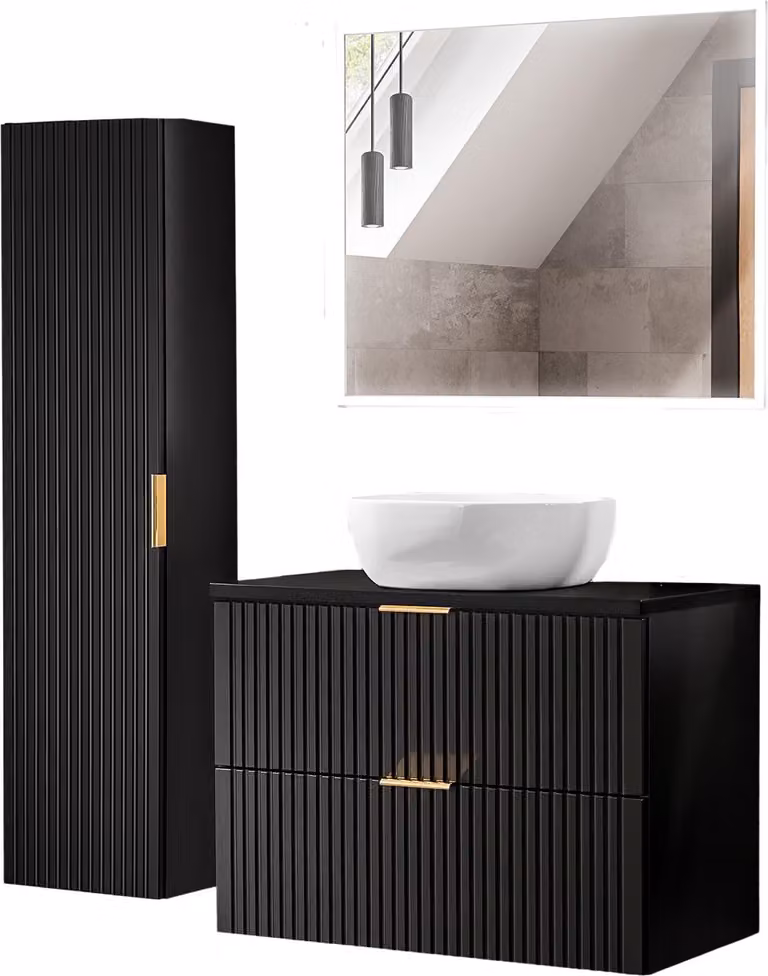 Conjunto de baño moderno con mueble lavabo y armario alto con iluminación LED en negro y dorado, An: 80 cm, Al: 46 cm, P: 57 cm
