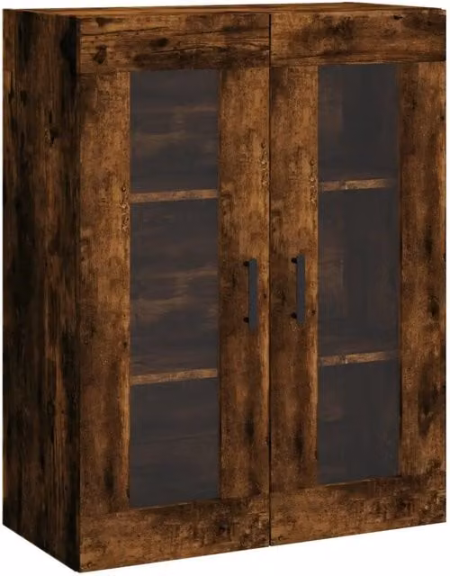 Armario de pared moderno HELLOSHOP26 en madera de roble color marrón con puertas de cristal, barra para colgar y estantes internos, An/P/Al: 69,5 x 34 x 90 cm