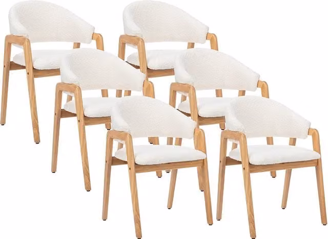 Conjunto de 6 sillas con reposabrazos Soluna en tela bouclé y madera de hevea, color blanco