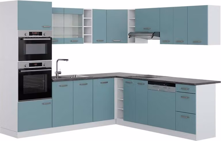 Cocina esquinera Vicco R-Line Gris azulado/Blanco/Antracita, An/P/Al: 247 x 237 x 60 cm