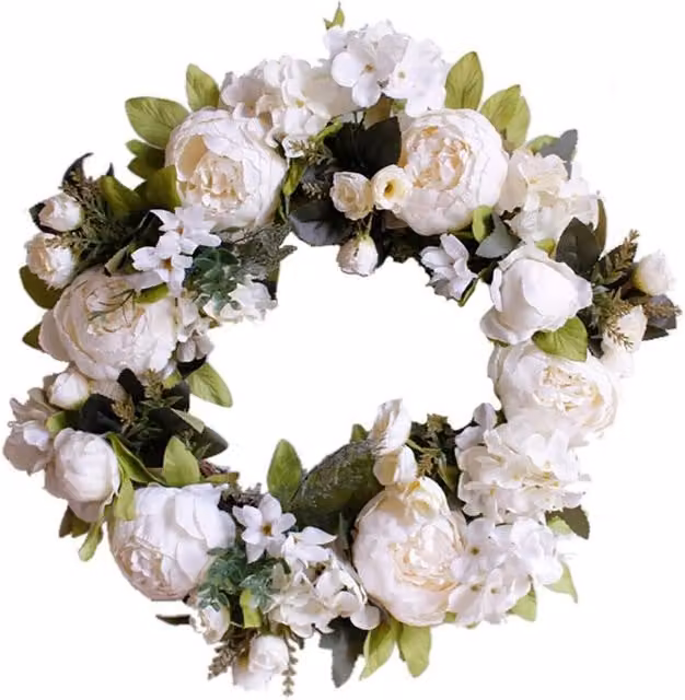 Corona de flores colgante FNINIJEDE de peonías blancas para decoración de puertas, Diámetro: 40 cm