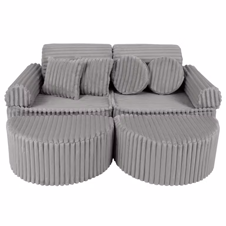 Sofá modular infantil MeowBaby de 12 piezas en tela de pana gris con fundas extraíbles y cojines incluidos
