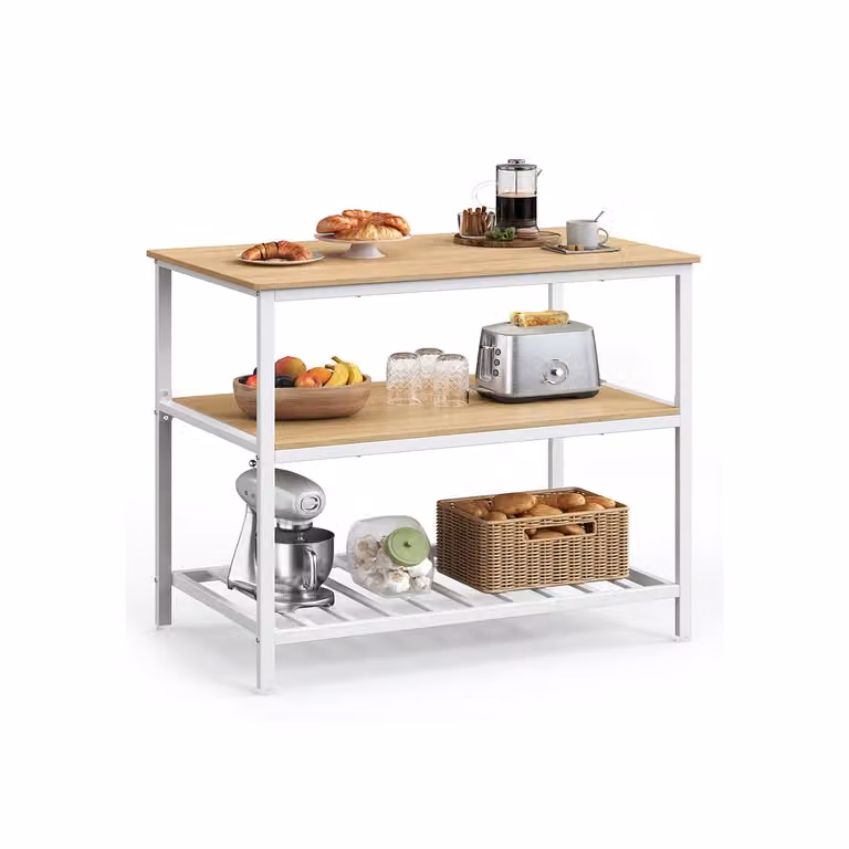 Isla de cocina VASAGLE de estilo industrial con encimera grande y estantería de 3 niveles, color beige y roble, An/P/Al: 100 x 60 x 90 cm