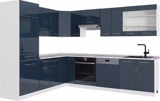Cocina esquinera Vicco Fame-Line en azul oscuro alto brillo y blanco An/P/Al: 287 x 227 x 85 cm
