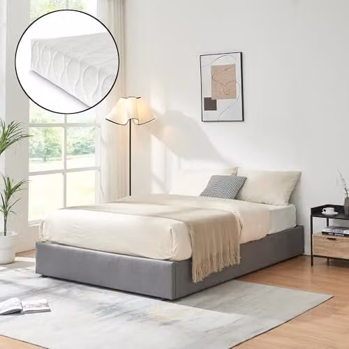 Cama de matrimonio en.casa modelo Nola con canapé abatible, somier, colchón y espacio de almacenamiento, tapizada en tejido tipo lino gris, An/P/Al: 206 x 141 x 28 cm