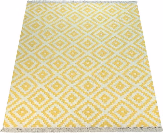 Alfombra Kenolia de lana y algodón en amarillo y blanco, estilo marroquí y escandinavo, An: 120 cm, Al: 170 cm