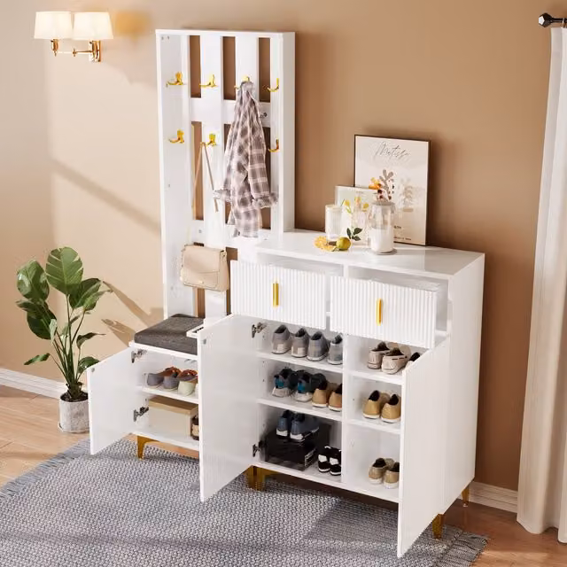 Mueble de entrada MODENVIE con banco, zapatero, 2 cajones, 2 puertas, panel de perchero con ganchos y cojín, color blanco con detalles dorados, An/P/Al: 120 x 35 x 101 cm