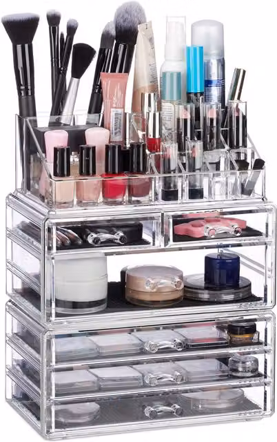 Organizador de maquillaje de acrílico con 2 cajas, transparente y dorado, Relaxdays, An/P/Al: 29 x 23,5 x 14 cm