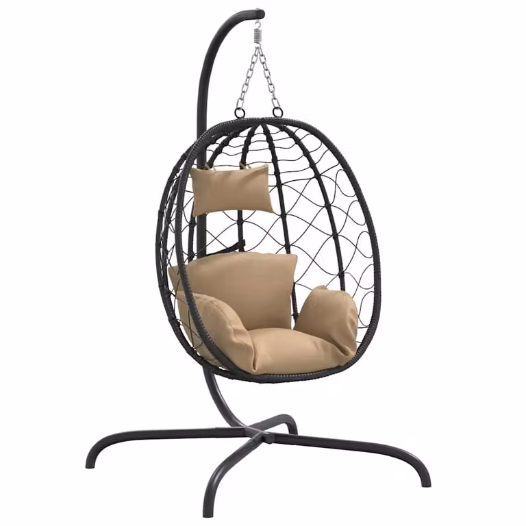 Sillón colgante con forma de huevo vidaXL con cojines en color negro y gris con estructura de metal y ratán