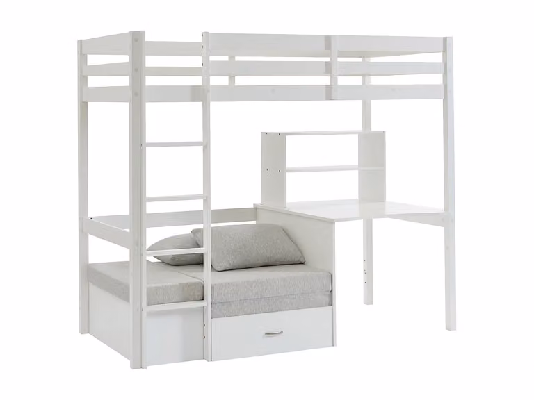 Cama en altura Goliath II de Vente-Unique en pino macizo con escritorio, sofá cama y compartimentos, color blanco, An/P/Al: 200 x 90 x 208 cm