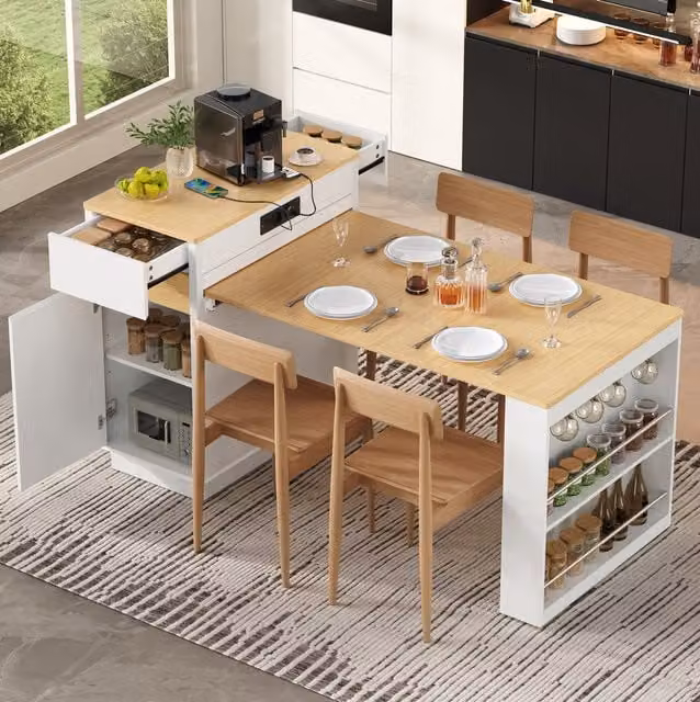 Mesa de comedor extensible OKWISH con ruedas, almacenaje, iluminación LED y puertos USB/Type-C en MDF, color blanco y efecto madera natural