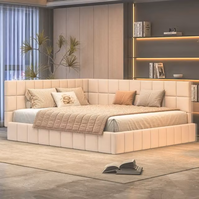 Cama Doble Tapizada MODENVIE con Respaldo y Reposabrazos, Estilo Mid Century, Color Beige, An/P/Al: 160 x 200 x 27 cm
