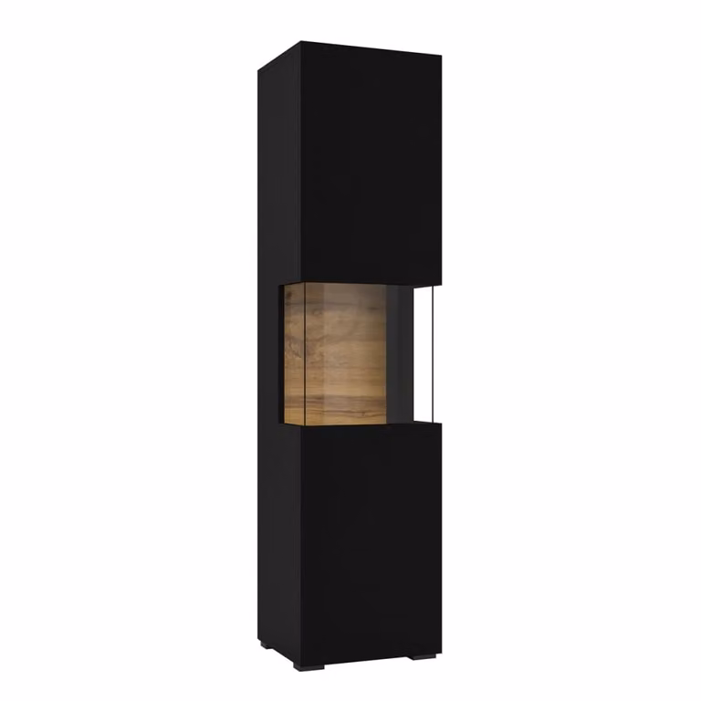 Vitrina moderna de una puerta con paneles de madera y acabado negro mate para comedor An/P/Al: 30 x 25 x 140 cm