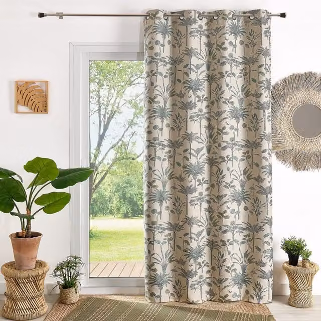 Cortina de Jacquard QABANE con diseño de palmeras exóticas en color azul, An/Al: 140 x 260 cm
