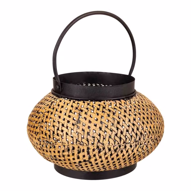 Portavelas de metal y ratán Wanderlust deco estilo boho en color dorado y negro, An/P/Al: 32 x 32 x 19 cm