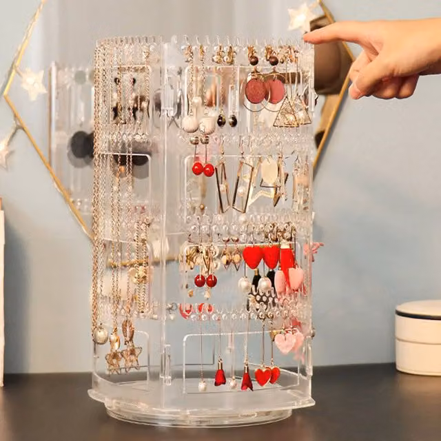 Organizador de joyas giratorio Infinite de acrílico transparente con 4 niveles y base robusta para pendientes, collares y accesorios, An/P/Al: 16,5 x 12,0 x 0,32 cm