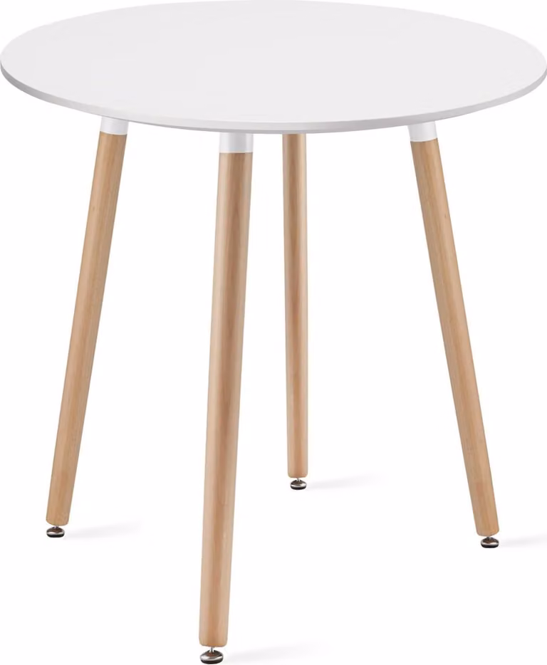 Mesa de comedor redonda Leobert Kami con tablero blanco mate y patas de madera de haya regulables, Diámetro: 60 cm, Altura: 74 cm
