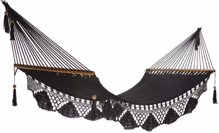 Hamaca de algodón con barra de madera Hamac del sol en color negro, 100 x 360 cm