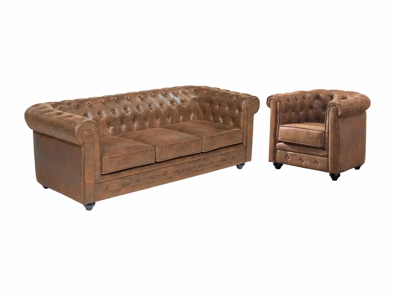 Conjunto de sofá de 3 plazas y sillón Chesterfield VENTE-UNIQUE en microfibra color marrón con estructura de madera sólida para tu salón