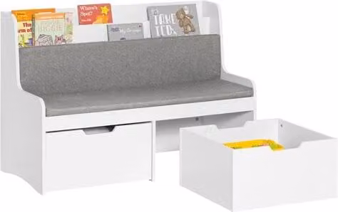 Banco infantil con estantería y cojín de asiento con 2 cajones con ruedas Sobuy kmb66-w blanco An/P/Al: 100 x 45 x 70 cm