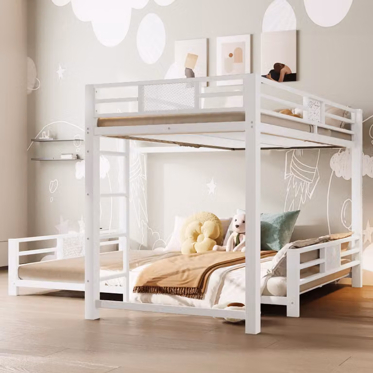 Cama infantil doble en forma de L MODFU con barandillas de protección y colchón, estructura de metal en color blanco, An/P: 90 x 200 cm
