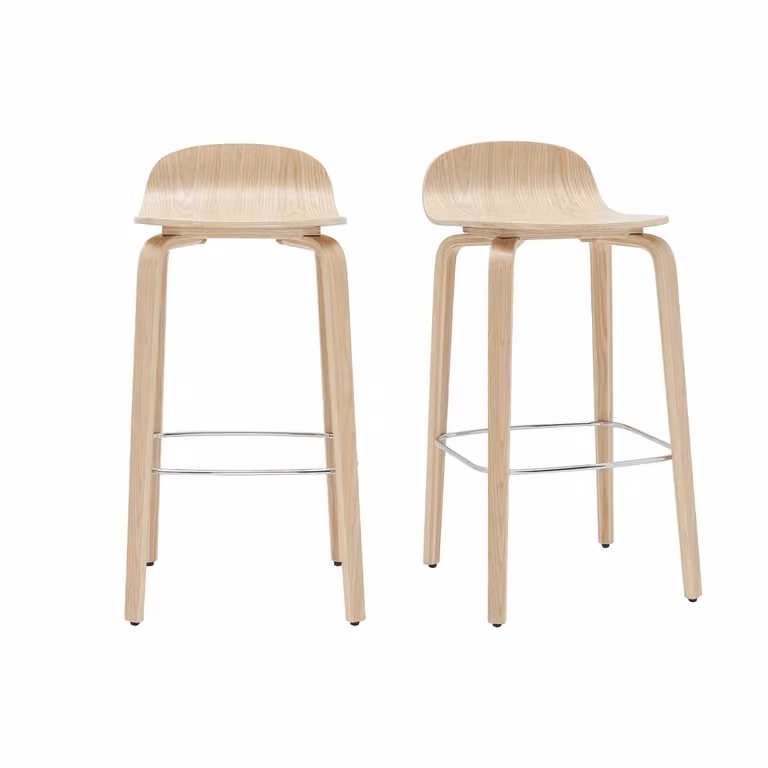 Set de 2 taburetes de bar escandinavos Miliboo de madera de roble y metal en color marrón y beige, An: 40 cm, P: 44 cm, Al: 68 cm