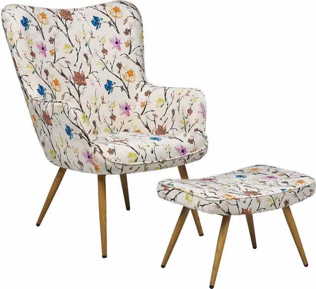 Sillón orejero Beliani Vejle II con reposapiés, tapizado en tela con patrón floral en color beige y estilo retro, An/P/Al: 93 x 73 x 78 cm
