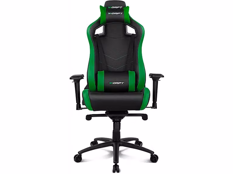 Silla gaming Drift DR500G en polipiel negra y verde con reposabrazos multidireccionales, cojín de reposacabezas y base giratoria