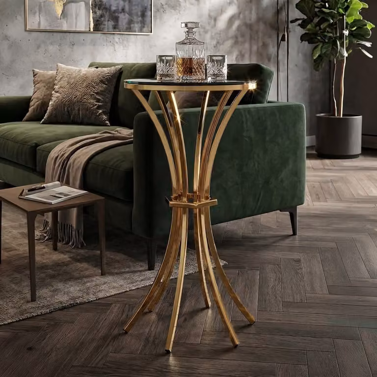 Mesa alta redonda Mauro Ferretti de metal y cristal en color dorado y negro, Diámetro: 50 cm, Altura: 92 cm