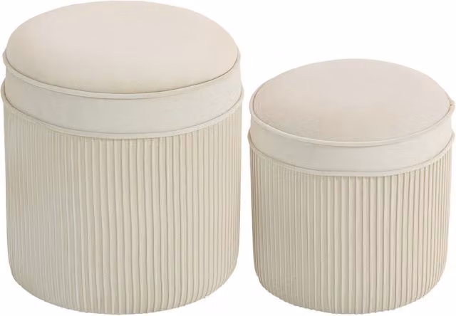 Set de 2 pufs de almacenaje redondos NORTHIX en terciopelo color beige, apilables, An/P/Al: 36 x 36 x 41,5 cm