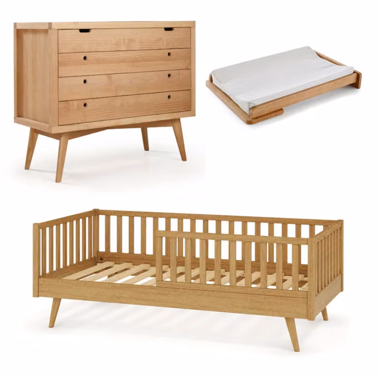 Habitación Montessori para niños ID Kids de madera maciza de pino con cama y cómoda en color avellana y blanco, An/P/Al: 198 x 90 x 72,5 cm