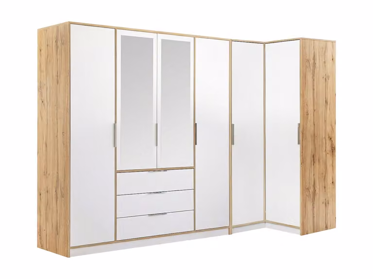 Armario esquinero moderno LAMIKI con puertas de cierre suave, espejos y estantes en color blanco y beige