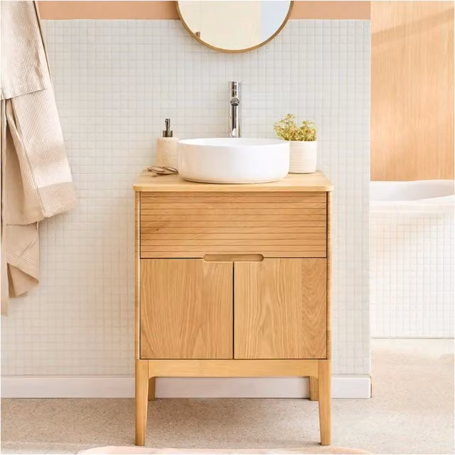 Conjunto de mueble lavabo simple Alaska de 60 cm con puertas de cierre suave y cajones internos en acabado roble