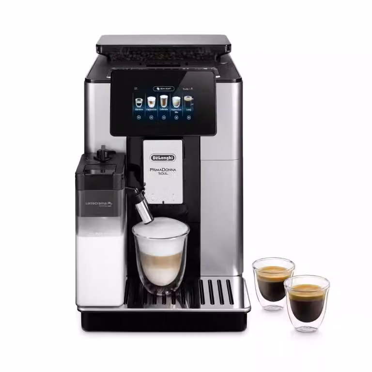 Máquina de café espresso De'Longhi PrimaDonna Soul con molinillo integrado y pantalla táctil, color plata y negro