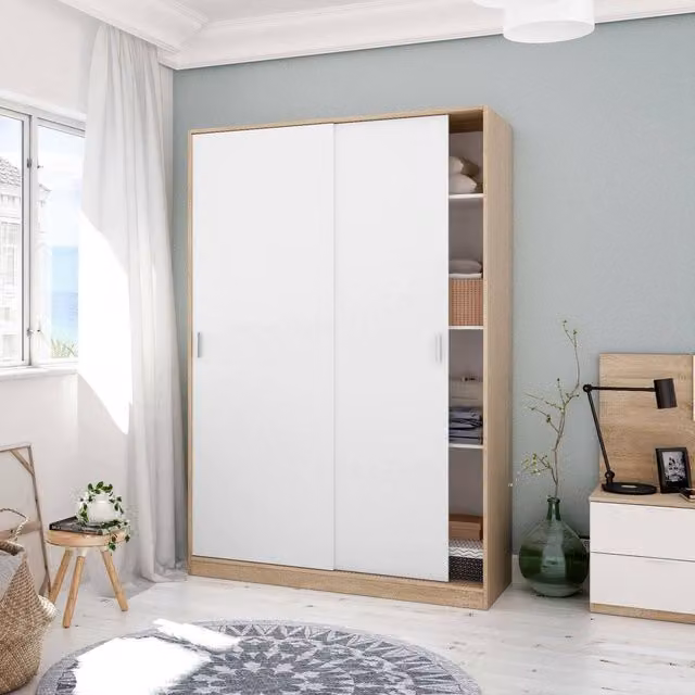 Armario de dos puertas correderas DMORA con estantes y barra para ropa, color roble y blanco mate, An: 120 cm, Al: 200 cm, P: 50 cm