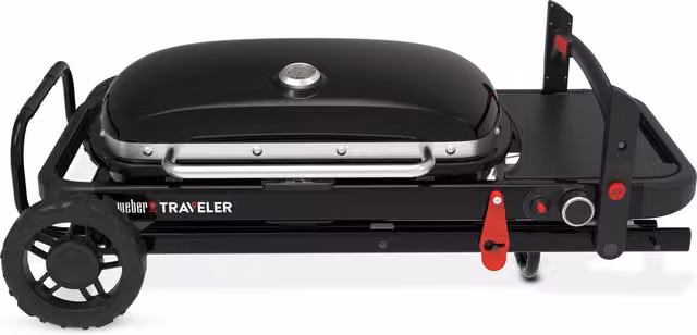 Barbacoa de gas portátil Weber Traveler con 1 quemador de 3,8 kW, ruedas y termómetro en color negro