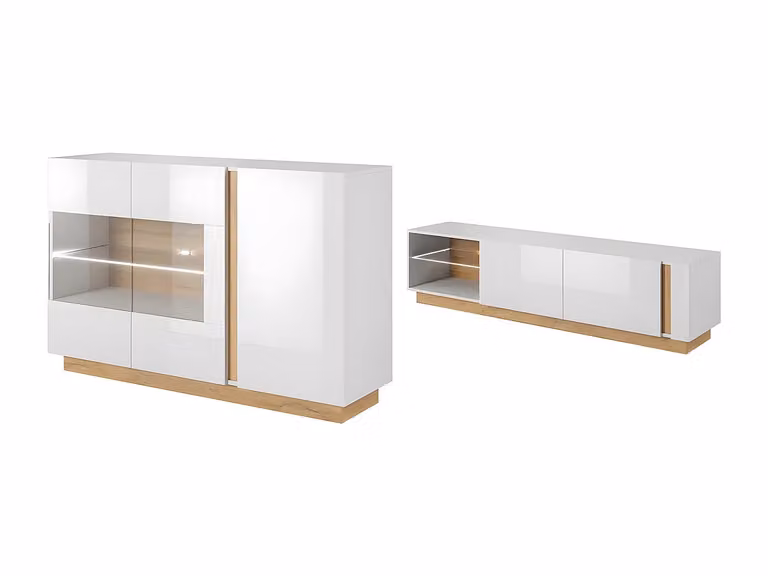 Conjunto de aparador y mueble de TV MURARI en blanco brillante y beige con iluminación integrada para tu comedor