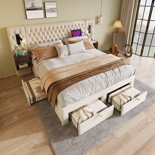 Conjunto de dormitorio Modenvie con cama doble de 160x200 cm, 2 mesitas de noche y 4 cajones en terciopelo beige con luces de lectura y puertos USB
