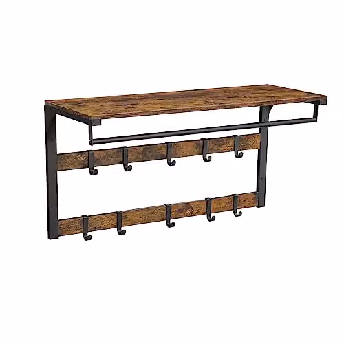 Perchero de pared VASAGLE con 10 ganchos extraíbles y barra de colgar en estilo rústico marrón y negro