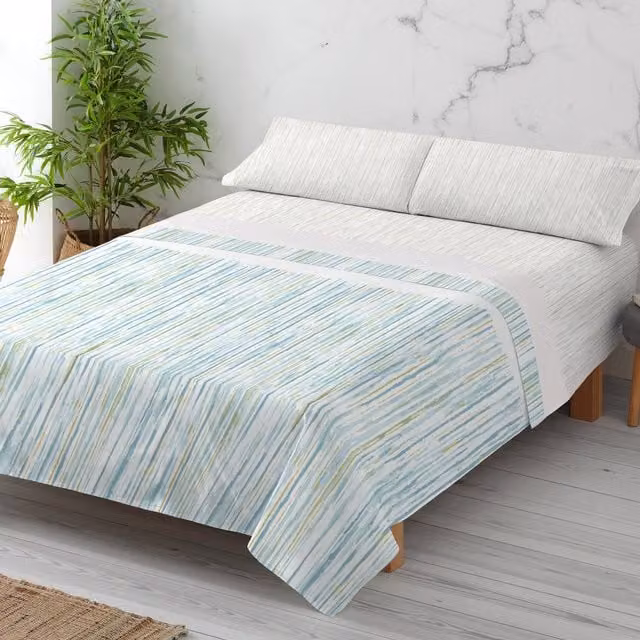 Juego de sábanas de algodón Manterol con estampado de rayas multicolor, reversible y transpirable, An/P/Al: 140 x 200 cm