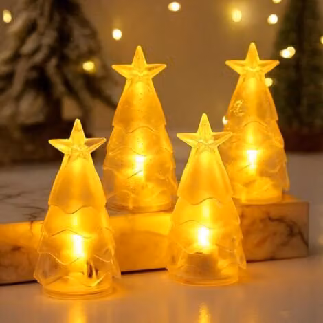 Juego de 4 luces nocturnas decorativas ABYSSE con forma de árbol de Navidad, velas electrónicas con efecto parpadeo en colores amarillo, transparente y plata con purpurina