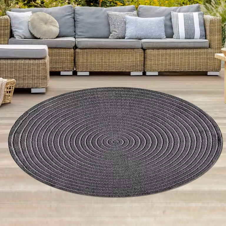 Alfombra exterior redonda Teppich-Traum en color gris antracita con diseño moderno y resistente a los rayos UV, ideal para jardín, balcón o terraza, Diámetro: 120 cm