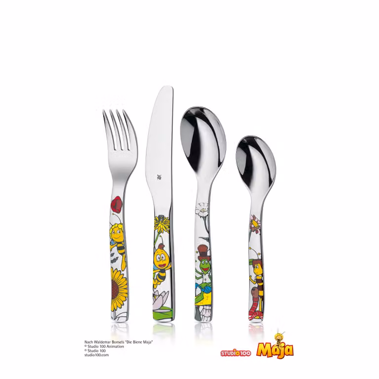 Juego de cubertería infantil Abeja Maya de WMF, 4 piezas de acero inoxidable pulido color plata con estuche