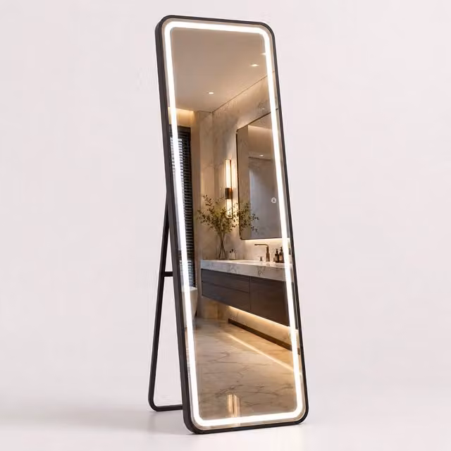 Espejo de cuerpo entero Relaxdays con luz LED regulable, rectangular, metal negro, An/Al: 50 x 160 cm