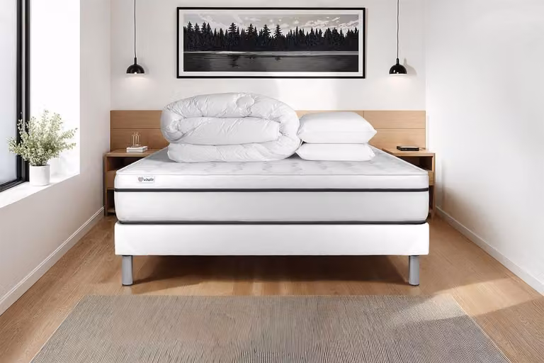 Juego completo de cama Vitalit con colchón de espuma, base de cama de madera de pino, edredón y 2 almohadas en blanco y gris, An/P/Al: 200 x 200 x 29 cm