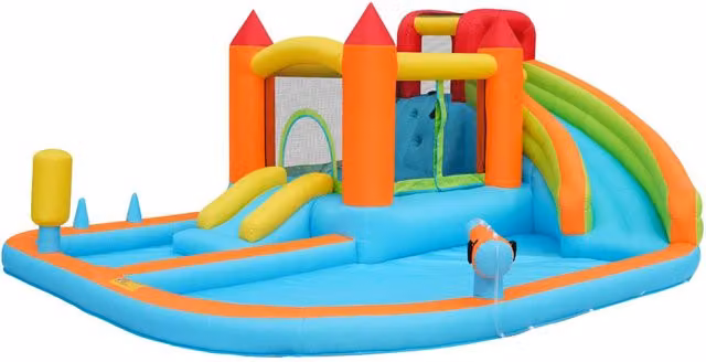 Castillo Hinchable Multifuncional Aosom con Tobogán, Trampolín y Aro de Baloncesto, Naranja y Multicolor, An/P/Al: 460 x 343 x 190 cm