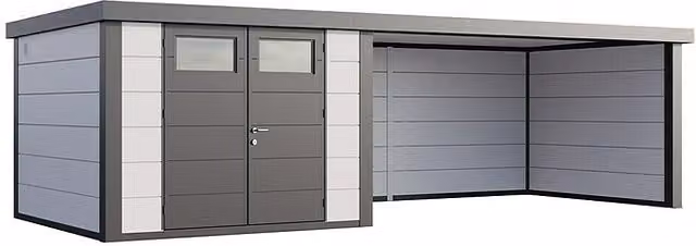 Caseta para jardín Classico 3330 Telluria con salón XL a la derecha, acero galvanizado, Blanco/Antracita, An/Pr: 812 x 318 cm