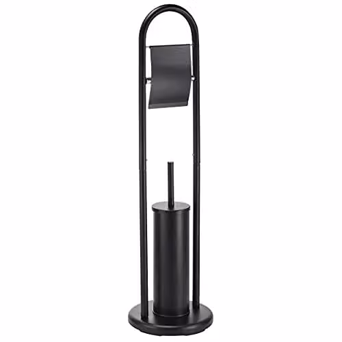 Escobilla de baño con depósito y porta rollos MSV Serie Abby en color negro mate de metal