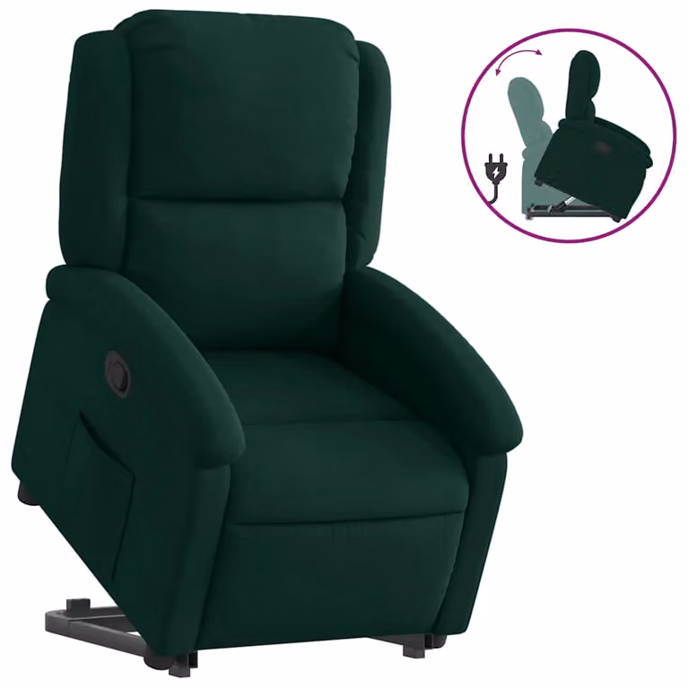 Sillón reclinable elevable vidaXL en terciopelo verde oscuro con asistencia eléctrica para mayores